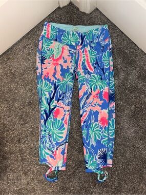 Lilly Pulitzer Luxletic Tropical Palm Print Leggings in Blue, Pink & Green - M